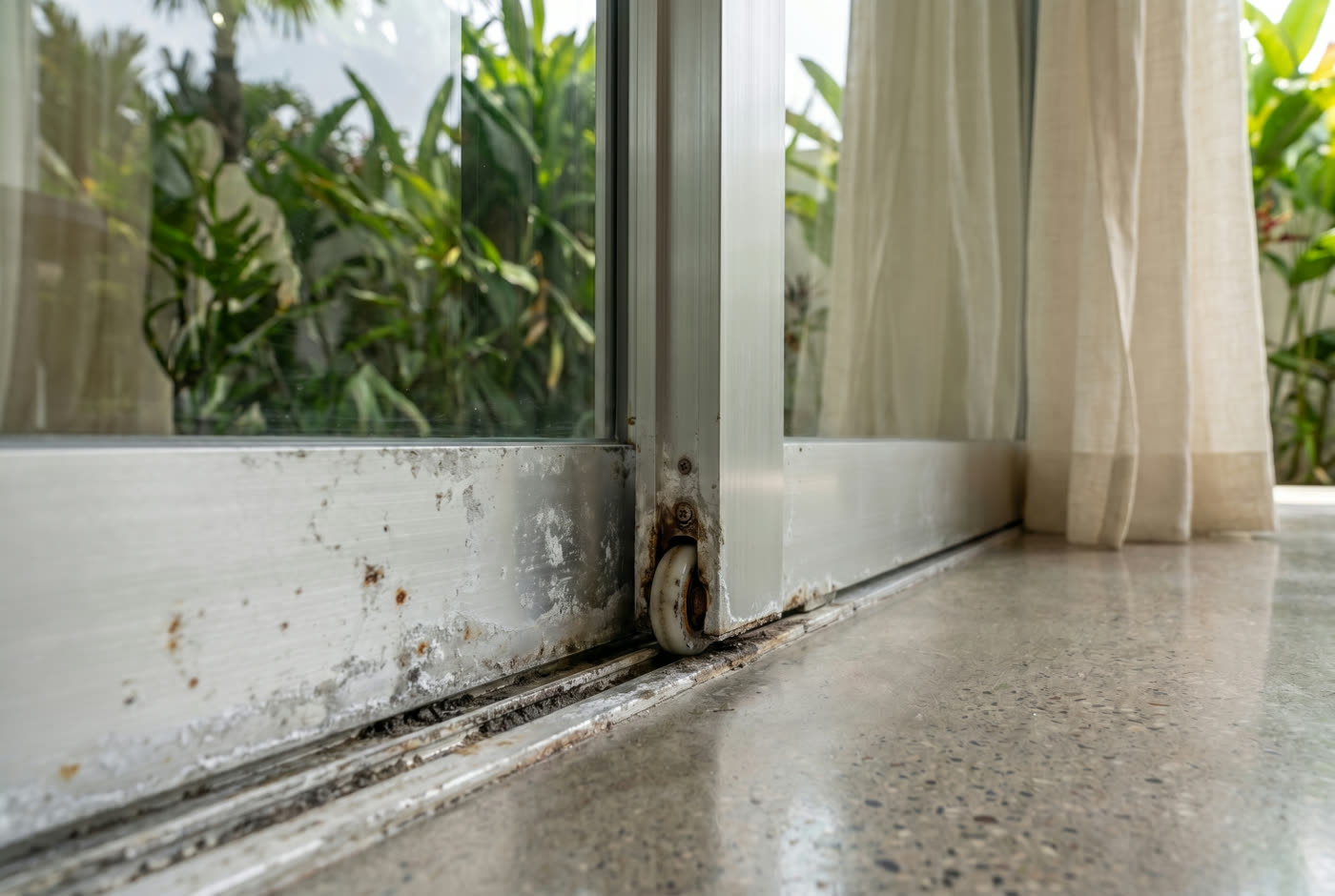 Salt-corroded aluminium door track