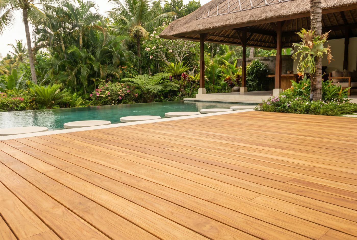 Sanded and re-oiled golden timber deck