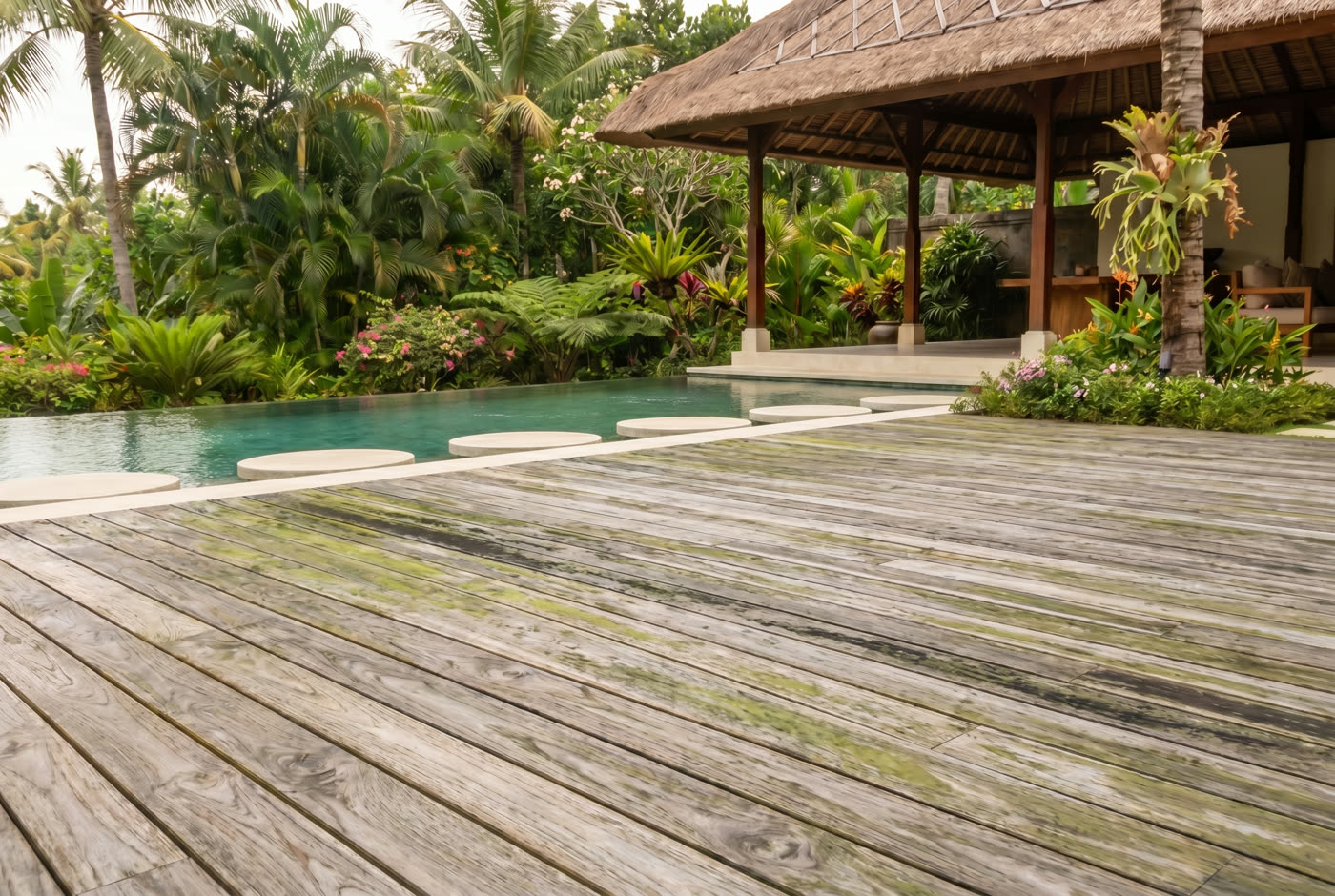 Greyed, algae-covered timber deck before restoration