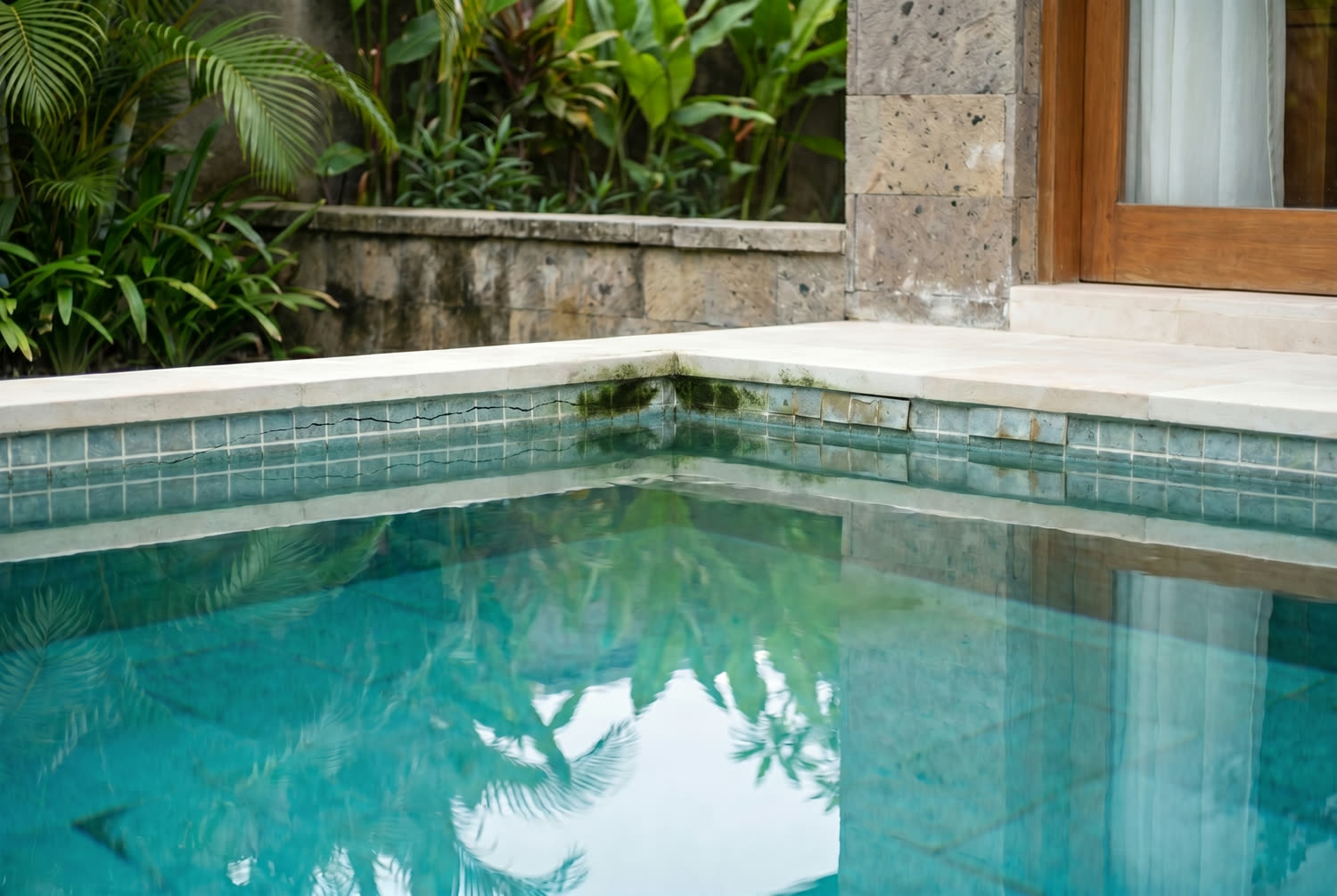 Cracked, algae-stained pool waterline