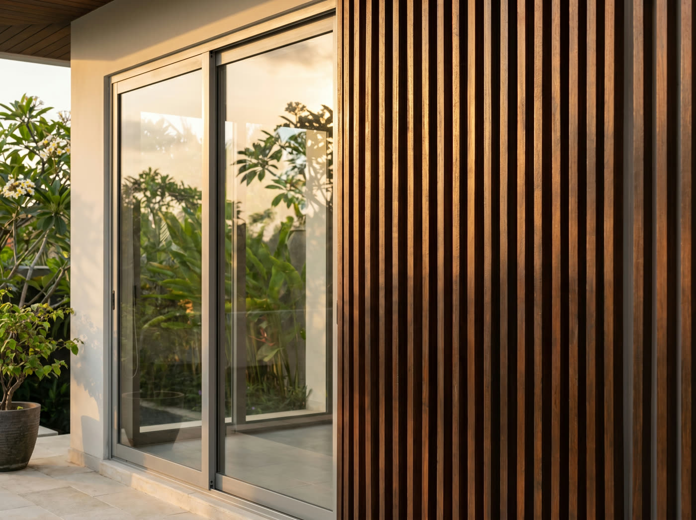 Pristine aluminium and glass detail of a Bali villa