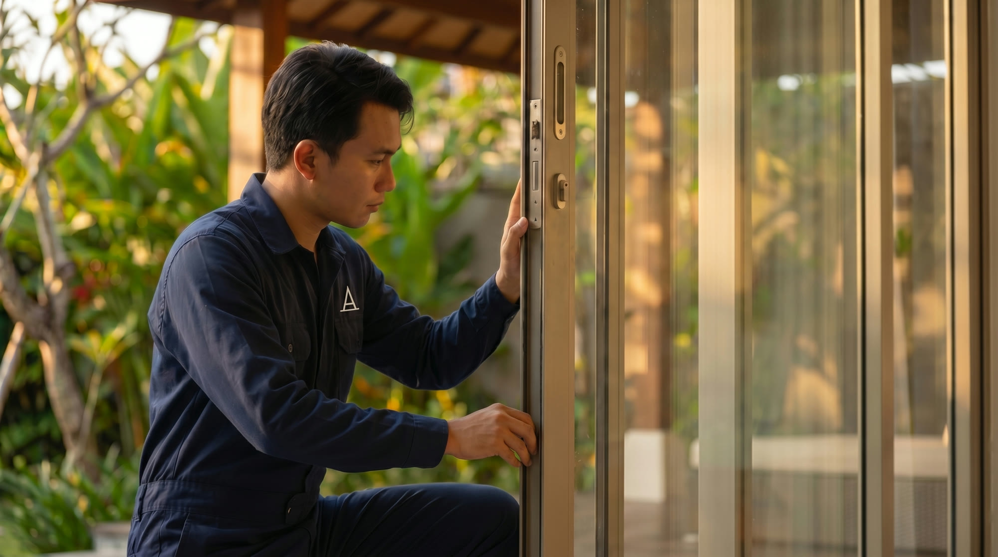 An Amanah specialist inspecting an aluminium window at a Bali villa