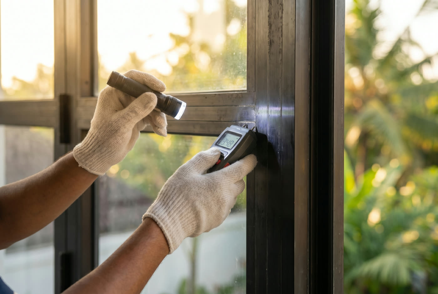 Inspecting an aluminium window with a meter
