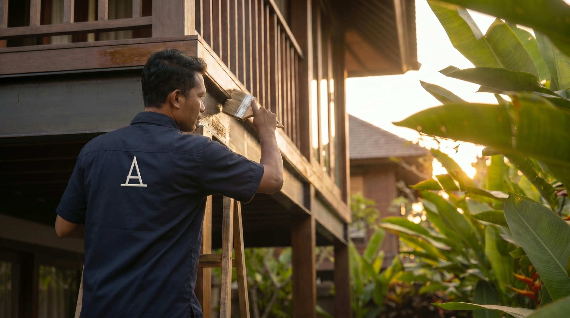 An Amanah specialist treating the facade of a luxury Bali villa