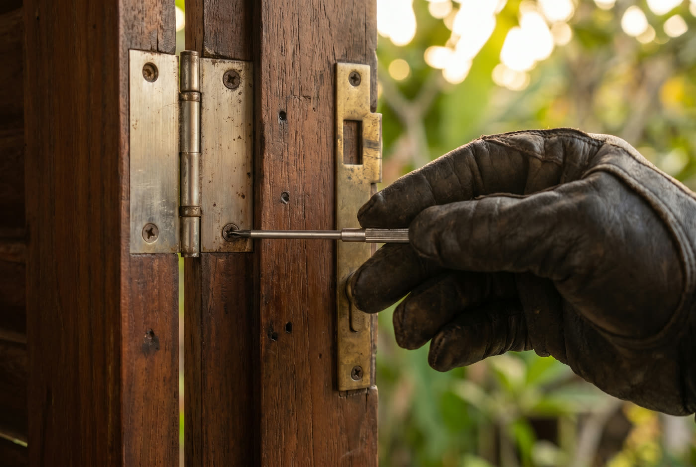 An Amanah specialist inspecting a door hinge and lock