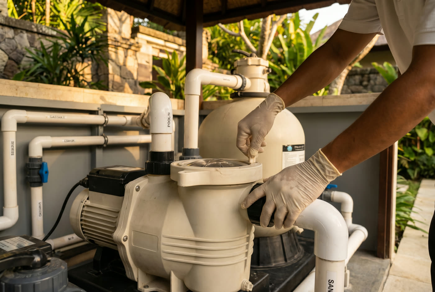 A specialist checking pool filtration equipment
