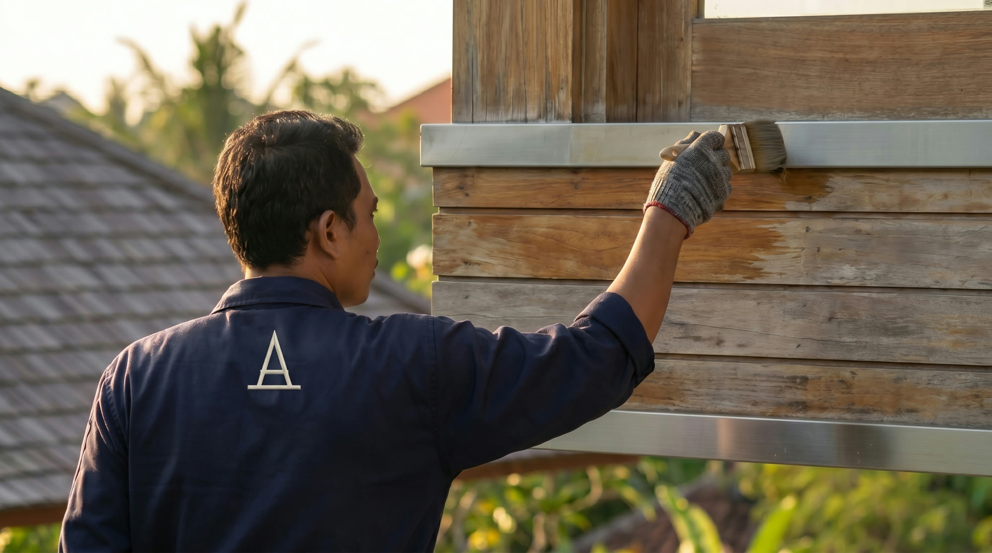 Treating a villa facade from a ladder
